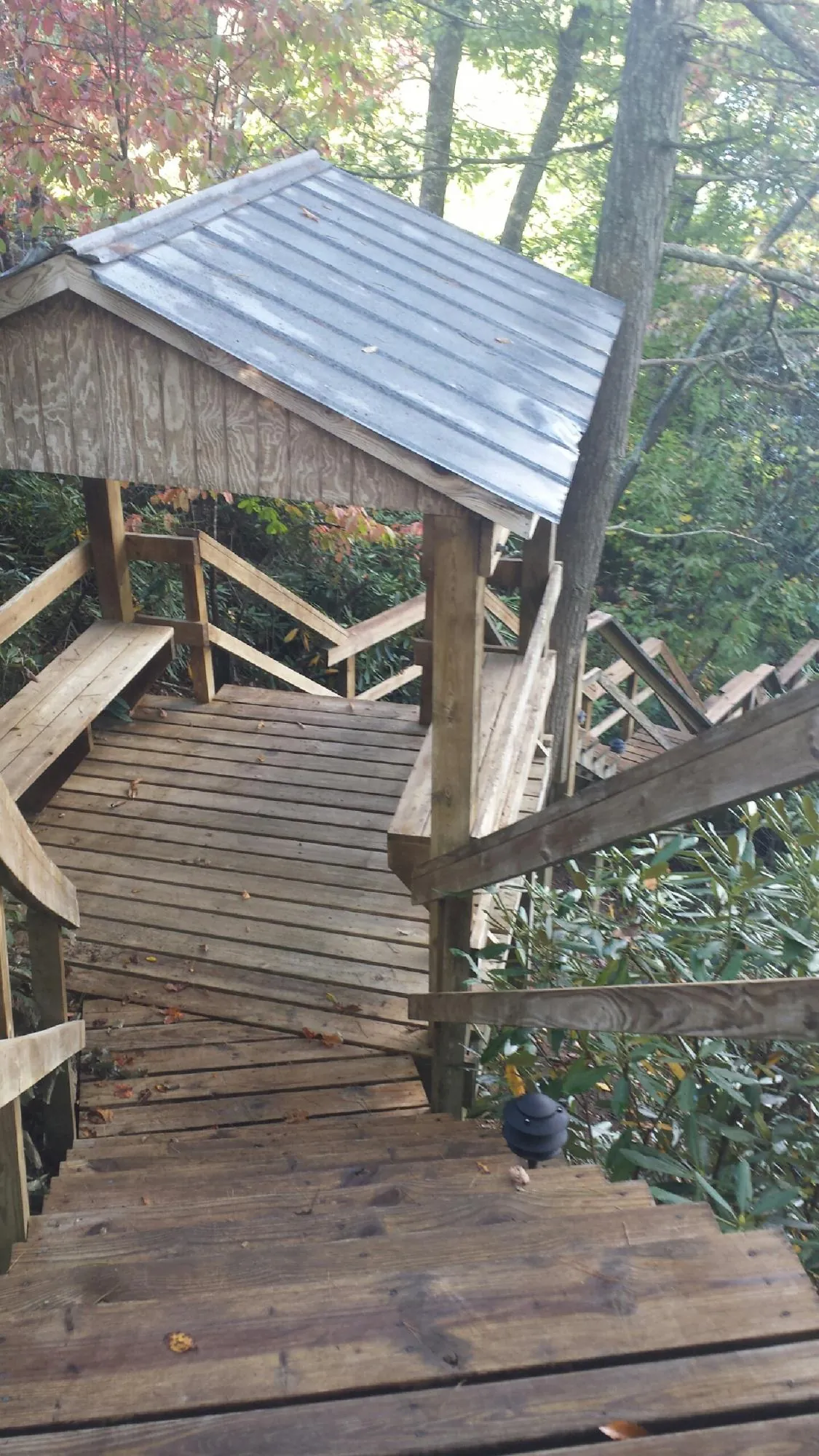 Metal roofed shelter over wooden steps on a wooded walkway — Skylight Repair & Installation work by our crew in Sublimity